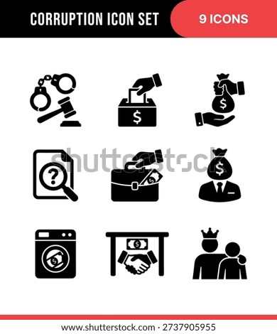 Simple Black Silhouette Corruption Bribe Illegal Actions and Crime Icon Set