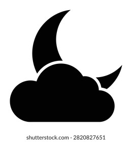 Simple black silhouette of crescent moon behind a cloud in a night sky setting