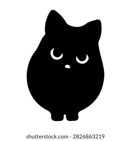 Simple black silhouette of a cute cat with large eyes, emphasizing feline charm and playful personality, suitable for pet or animal-themed projects.