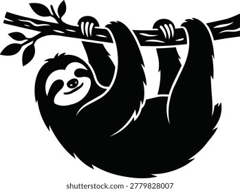 A simple black silhouette of a cute sloth smiling while hanging upside down from a tree branch, with leaves on the branch.