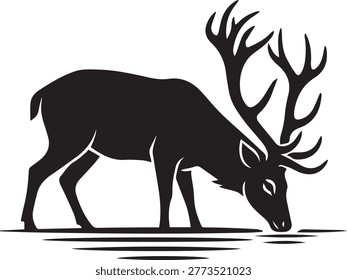 Simple black silhouette of a deer drinking. Minimalist flat vector illustration of a wild animal at a waterhole for nature and conservation themed designs.
