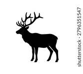A simple black silhouette of a deer with large antlers.