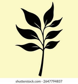 Simple black silhouette of a delicate plant stem with multiple leaves on a pale yellow background