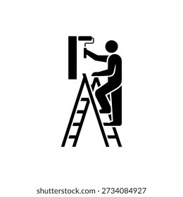 A simple black silhouette depicting a painter on a ladder, painting a wall.