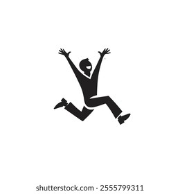 A simple black silhouette depicting a person leaping with arms raised, symbolizing joy and freedom. Perfect for themes of happiness, success, and positive energy.