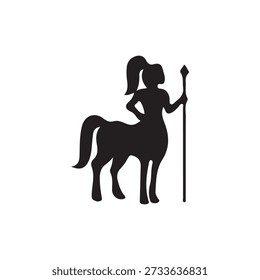 A simple black silhouette depicts a centaur against a white background. The figure has a feminine upper body with a high ponytail, standing with one hand on its hip. The lower body is that of a horse, complete with four legs and a tail. The centaur holds a long staff upright in its free hand.