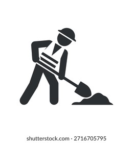 uma silhueta preta simples retrata um trabalhador da construção civil cavando ativamente com uma pá representando o trabalho de mão de obra e de infraestrutura profissional de alta qualidade