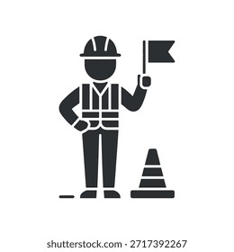 a simple black silhouette depicts a construction worker holding a flag standing near safety cones illustrating workplace signaling and hazard awareness