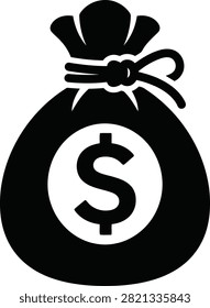 A simple black silhouette depicts a drawstring sack overflowing with financial prosperity. Usable for business success and monetary gain themes.