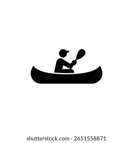 Uma simples silhueta preta retrata um homem em uma canoa, completa com uma pá, exibindo uma atividade esportiva ao ar livre contra um pano de fundo transparente, perfeito para projetos minimalistas.