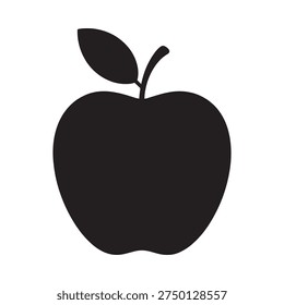 A simple black silhouette depicts a rounded apple with a leaf