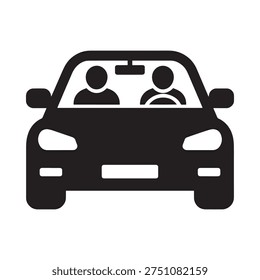 Simple black silhouette depicts two people driving in a modern vehicle