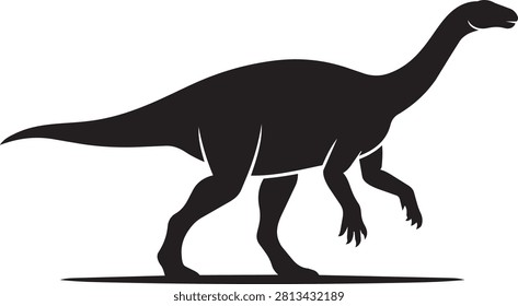 A simple black silhouette of a dinosaur moving forward on flat surface. Ideal for children's books museum exhibits or paleontology concepts.