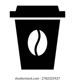 Simple black silhouette of a disposable coffee cup with a white coffee bean logo