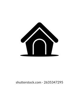 Simple black silhouette of a doghouse with an arched entrance sits on a transparent backdrop, perfect for pet care designs.