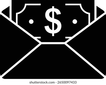 A simple black silhouette of a dollar bill inside an open envelope on a white background.