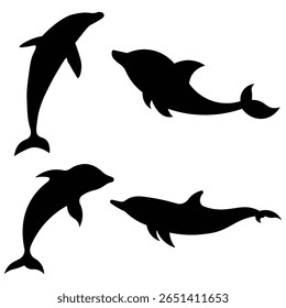 Simple black silhouette dolphin icon set. Symbolizing marine life and elegant aquatic logo design concepts. Dolphin symbol. Vector illustration.