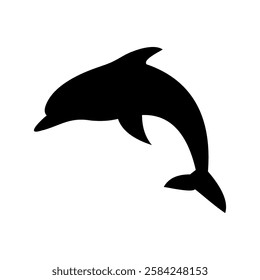 A simple black silhouette of a dolphin jumping on a white background. This minimalist vector illustration is perfect for marine life designs, logos, icons, and ocean-themed projects.