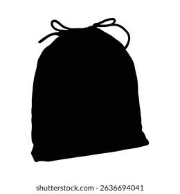 A simple, black silhouette of a drawstring bag, showcasing a minimalist style perfect for various design applications.