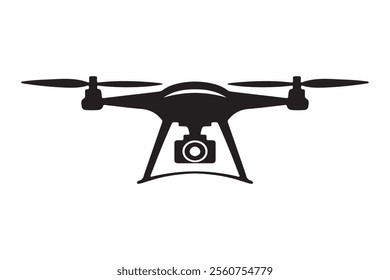 A simple, black silhouette of a drone equipped with a camera. Silhouette drone vector. Vector art drone symbol. A drone with a camera is ready for aerial photography.