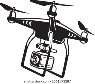 A simple, black silhouette of a drone equipped with a camera. Silhouette drone vector. Vector art drone symbol. A drone with a camera is ready for aerial photography.