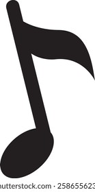 Simple black silhouette of an eighth note, embodying musical concepts like rhythm, tempo, and melody, set against a clean white background for striking contrast