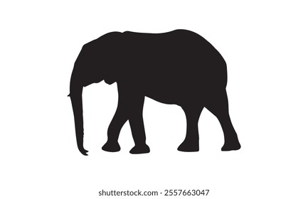 Simple black silhouette of an elephant walking, isolated on a white background, ideal for design, logos, or educational uses.