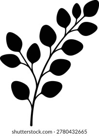 A simple black silhouette of a eucalyptus branch with leaves