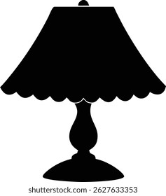 A simple black silhouette features a table lamp with a decorative shade, elegant stand, and a stable base against a clean white backdrop.