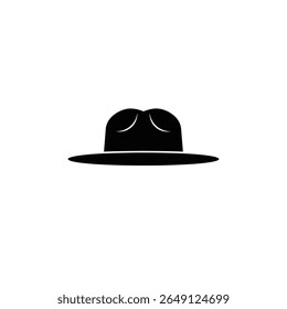 A simple black silhouette of a fedora hat against a white background The hat is depicted in a minimalist style