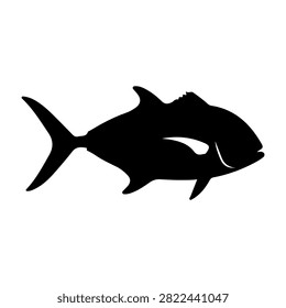Simple black silhouette of a fish, highlighting its shape and fins, on a plain white background for versatile use in aquatic or nature themes.
