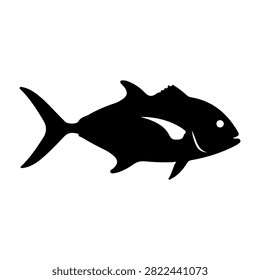 A simple black silhouette of a fish, highlighting aquatic life and marine creatures with a focus on fish shape and form.