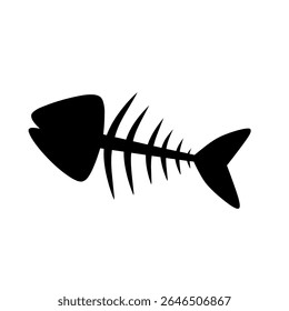 Simple black silhouette of a fish skeleton. Perfect for seafood icons, food waste designs, or minimalist environmental awareness illustrations