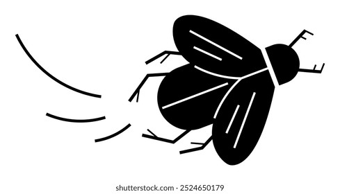 Silueta negra simple de un insecto volador en movimiento. Ideal para naturaleza, medio ambiente, entomología, anatomía de insectos, temas educativos. Estilo minimalista, limpio y de Vector.