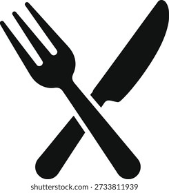 A simple black silhouette of a fork and knife crossed over each other on a pure white background, creating a universal symbol for dining or eating