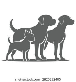 A simple black silhouette graphic featuring three different dog breeds standing side by side, perfect for pet shop logos, veterinary design, or animal icons.