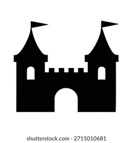 Simples gráfico de silhueta preta representando uma estrutura de castelo medieval ou de fantasia com duas torres proeminentes cobertas com pequenas bandeiras, uma seção de parede ornamentada e uma entrada central arqueada, pe