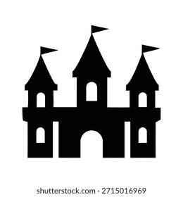 Simples gráfico de silhueta preta representando uma estrutura de castelo medieval ou conto de fadas com várias torres, portas arqueadas e pequenas bandeiras no topo das torres, perfeito para o design.