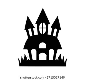 Un gráfico de silueta negro simple que representa una casa encantada aterradora o una estructura de castillo espeluznante con múltiples torres puntiagudas y puertas arqueadas, perfecto para Elementos de diseño de Halloween.