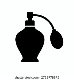 Un gráfico de silueta negro simple que representa una botella de perfume anticuada equipada con un mecanismo de bombilla de pulverización manual.