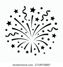Un gráfico de silueta simple y negra que representa una explosión de fuegos artificiales con líneas radiantes, puntos Pequeños, estrellas y serpentinas de confeti onduladas, sobre un fondo blanco puro.
