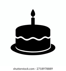 Un gráfico de silueta negro simple que representa un pastel de cumpleaños en capas coronado con una vela ardiente. La Imagen se presenta sobre un fondo blanco puro.