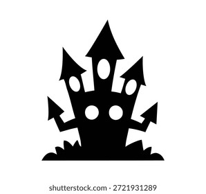 Un gráfico de silueta negro simple que representa una mansión embrujada clásica o un castillo aterrador, con techos puntiagudos y ventanas circulares, perfecto para temas de vacaciones.