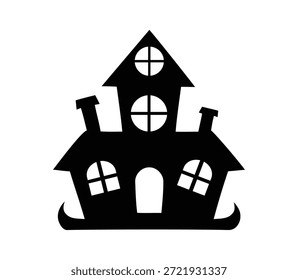 Um simples gráfico de silhueta preta representando uma mansão assombrada clássica ou design de casa assustador, perfeito para temas de Halloween, decoração de férias ou promoção de evento assustador.