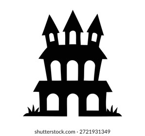 Um simples gráfico de silhueta preta representando uma mansão ou castelo assustadoramente assombrado, perfeito para temas de Halloween, isolado em um fundo branco puro para fácil uso.