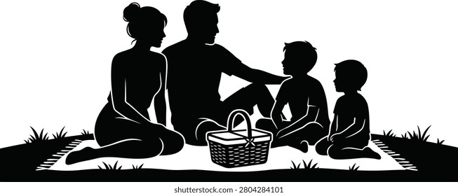 A simple black silhouette graphic showing a family sitting on a blanket for a picnic on a white background