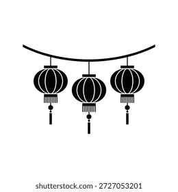 Un gráfico de silueta negra simple de tres faroles chinos redondos tradicionales que cuelgan en una fila de una cuerda curva, perfecto para el Año Nuevo Lunar o temas culturales asiáticos.