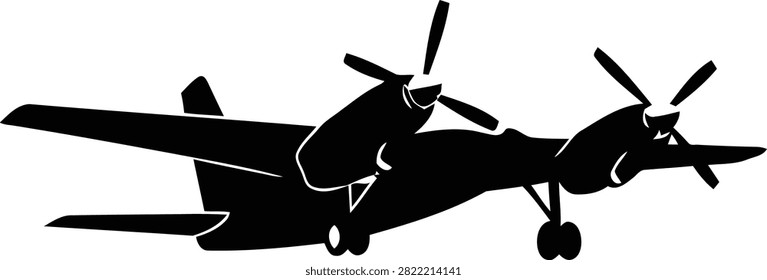A simple black silhouette graphic of a twin engine propeller airplane seen from the side. Perfect for object, aviation, and flight related design projects.