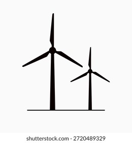 Simples silhueta preta gráfica de duas turbinas eólicas, simbolizando a produção de energia limpa, sustentável e renovável.