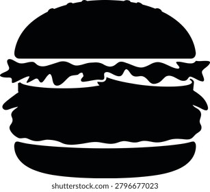 A simple black silhouette of a hamburger on a white background